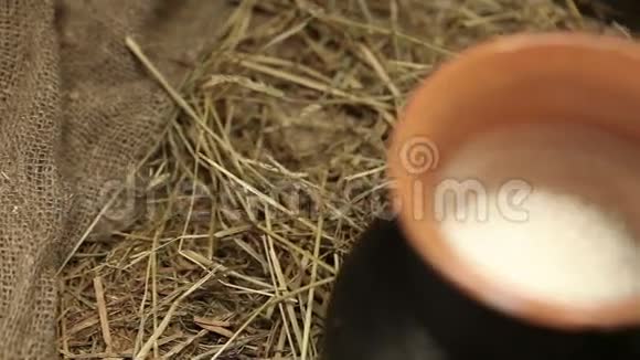 干草上有牛奶的泥罐视频的预览图