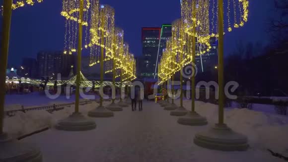 城市街道上节日花环的灯光新年主题视频的预览图