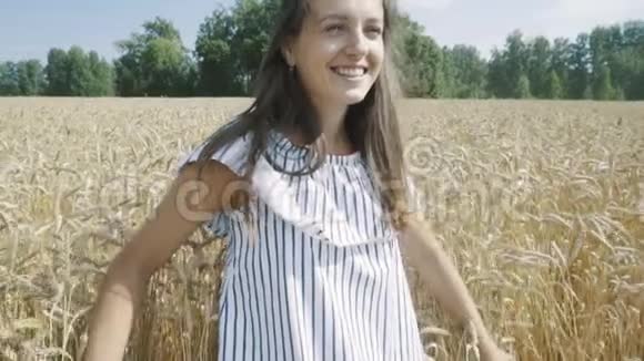 美丽的年轻女子掉进麦子里视频的预览图