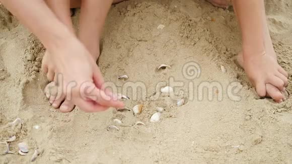 一位母亲和她的孩子在海沙上玩贝壳特写视频的预览图