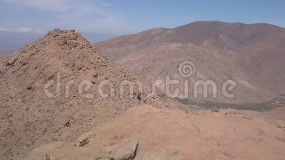 小女孩和她的小狗一起看火山山山顶的全景视频的预览图