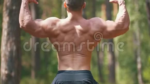 肌肉男在夏季森林中摆出健美姿势巨大的二头肌视频的预览图