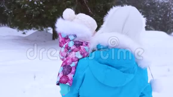 在寒冷的冬日妈妈和小宝宝在针叶林公园里沿着下雪的冬天的散步一家人带着小孩散步视频的预览图