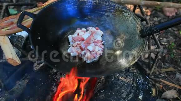 露营者用热锅煮生猪肉视频的预览图