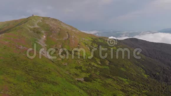 在雾中飞过盛开的喀尔巴阡山脉在黑山脚下视频的预览图
