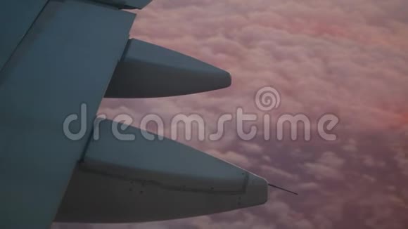 特写飞机机翼飞过粉红色的云毯视频的预览图