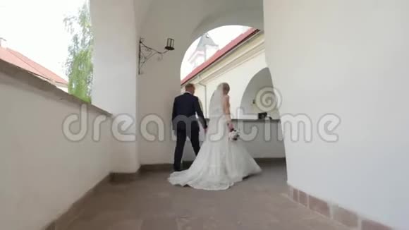 在城堡里散步的漂亮夫妇英俊的男人和温柔的女人视频的预览图