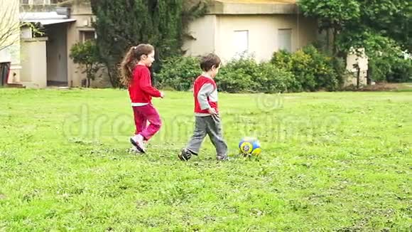 两个小孩在户外慢动作玩球视频的预览图