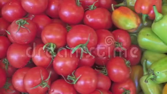 新鲜蔬菜红西红柿青椒在市场上出售视频的预览图