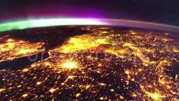 星球地球从太空的夜晚动画从太空到地球的飞行夜晚的地球视频的预览图