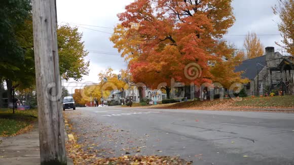 一个小镇美国主街秋天十一月的下午清脆视频的预览图