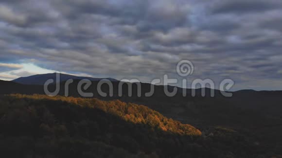 在夕阳柔和的光线下飞越秋天的山脉森林草地和山丘喀尔巴阡山脉乌克兰欧洲视频的预览图