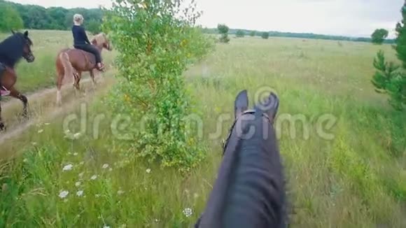 这匹马靠在一群骑马的骑手的旁边走着视频的预览图