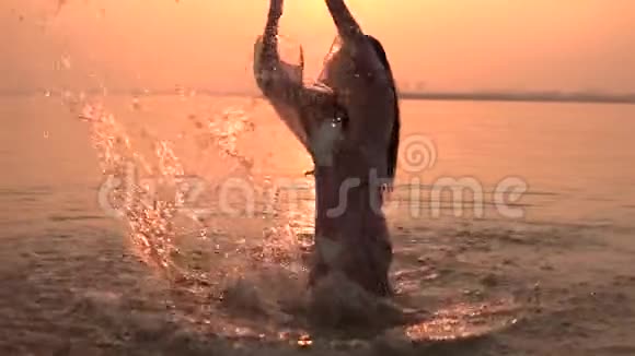 一个迷人的女孩在阳光的映衬下双手在水中飞溅心情很好视频的预览图