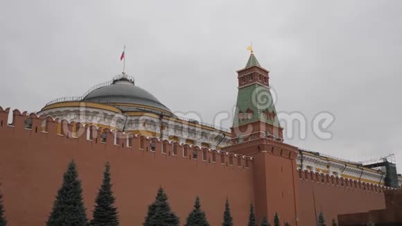 红场莫斯科俄罗斯与参议院大厦的克里姆林宫墙景在旗杆上的参议院宫殿上空视频的预览图