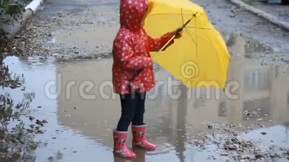 小女孩在雨天的水坑里跳着在伞下玩耍视频的预览图