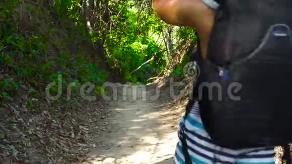 旅行的女人带着背包走在森林小径的背面旅游妇女在热带雨林的小路上行走夏季视频的预览图