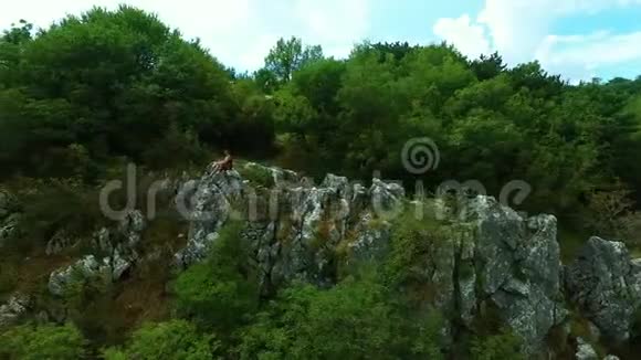 空中坐在岩石上的女人视频的预览图