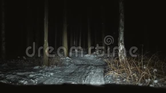 冬天汽车沿着一条狭窄的森林道路缓慢行驶视频的预览图