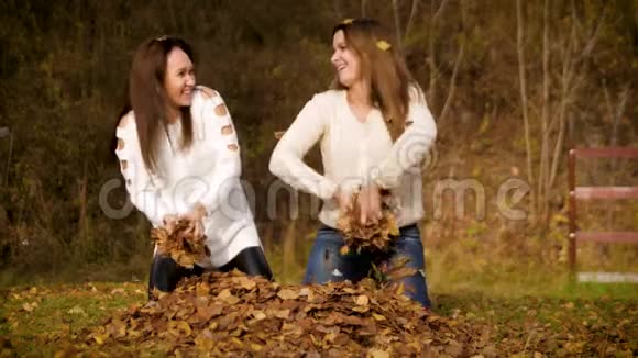 两个美丽的女人在秋天的花园里扔金色的叶子女孩玩得开心表现得像个孩子4k60fps慢动作视频的预览图