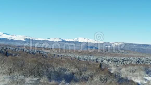 冬季景观森林覆盖的山脉空中射击视频的预览图