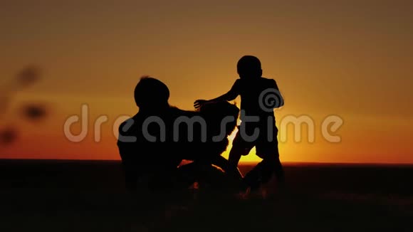 两个男孩在日落时和一只德国牧羊犬玩耍概念快乐的童年最喜欢的宠物视频的预览图
