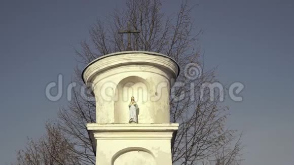 圣母玛利亚与耶稣的雕像小基督教十字架蓝天和背景树视频的预览图