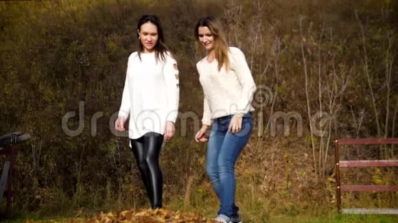 两个年轻女子将干枯的落叶踢向镜头两个女孩玩黄色的秋叶4k60fps视频的预览图
