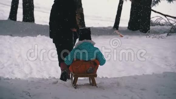 在一场大雪中妈妈把一个小女孩卷在松树林里的木雪橇上慢动作视频的预览图