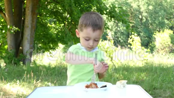 孩子在大自然的餐桌旁吃着一个小烤串一个烧烤视频的预览图