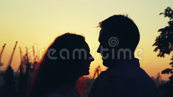 在秋天公园度过亲密时光的幸福夫妇剪影日落的光太阳耀斑喜欢的情侣视频的预览图