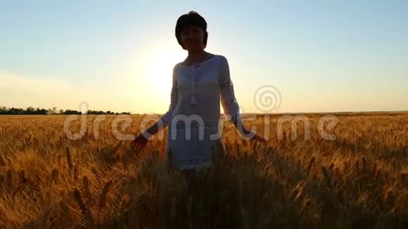 年轻迷人的女孩正穿着白色的裙子在夕阳的背景下沿着麦田漫步视频的预览图