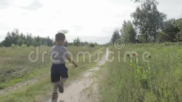 一个快乐的小男孩带着一张蝴蝶网跑视频的预览图