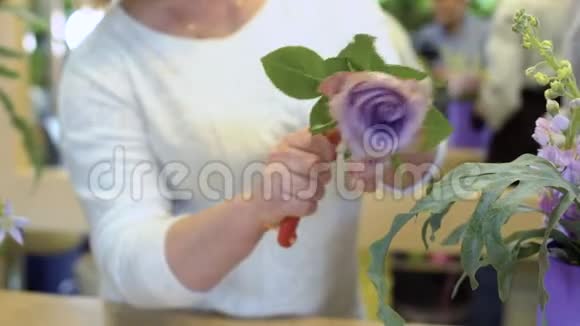 女人剪玫瑰花做花朵构图视频的预览图