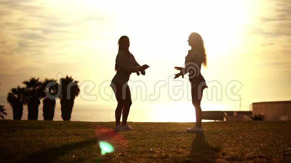 快乐的姐妹或朋友在沙滩上享受日落视频的预览图