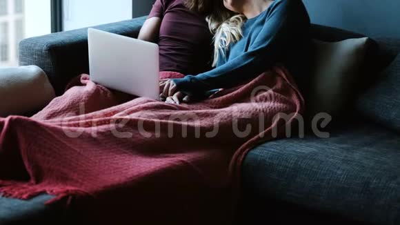 情侣在沙发上用笔记本电脑接吻视频的预览图