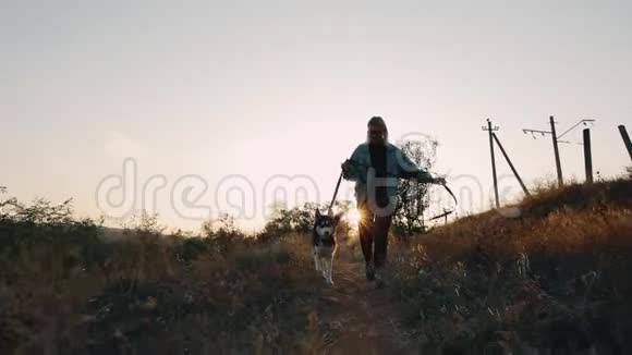日落时分女人和狗在大自然中奔跑与宠物一起享受夏日时光视频的预览图