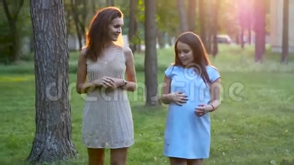 怀孕的女孩和她的朋友在森林里散步视频的预览图