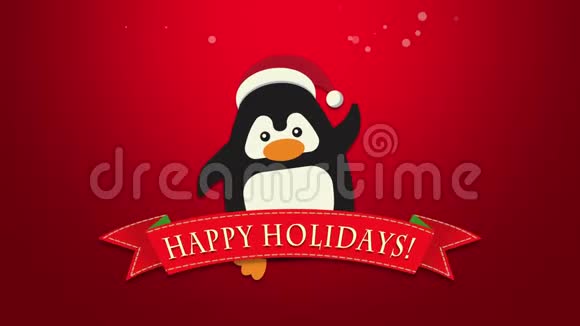 动画特写快乐假期文本有趣的企鹅挥舞红色背景视频的预览图