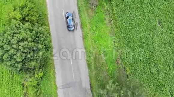 摄像机正在追逐那辆沿着绿色田野之间的道路行驶的汽车视频的预览图
