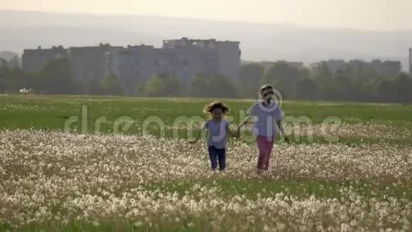 姐妹们在蒲公英的田野里奔跑笑着快乐的童年视频的预览图