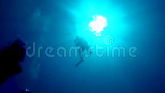 向上看着水肺潜水员漂浮在水面附近的一个安全站视频的预览图
