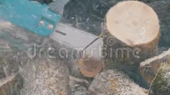 冬天伐木工人用电锯锯柴视频的预览图
