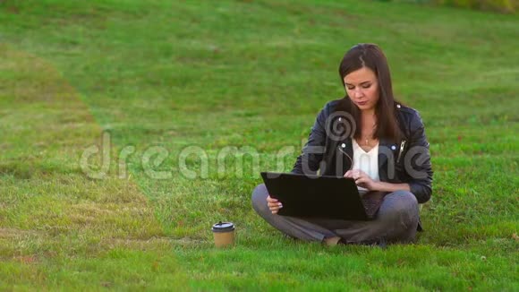 在公园里一个年轻漂亮的女孩在草坪上用笔记本电脑工作视频的预览图