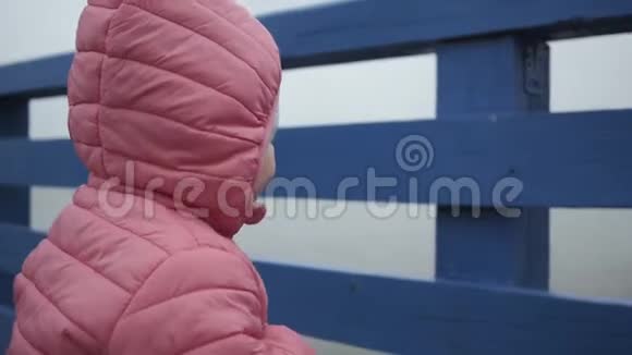 一个小女孩和她的母亲一起走在海边的木板路上她穿着一件粉红色的夹克衫视频的预览图