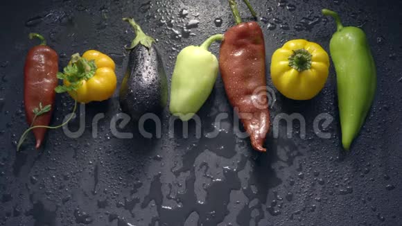 蔬菜茄子和胡椒在水滴中人在草地上视频的预览图