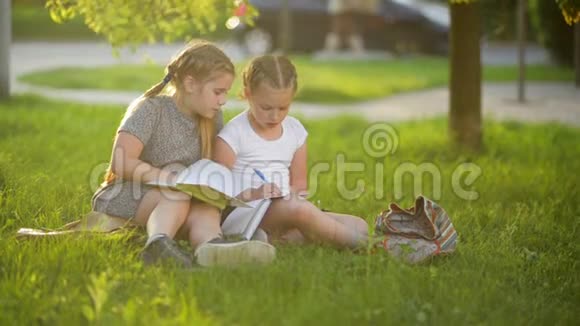 孩子们在夏天的花园里读一本书学前朋友游戏和学习女孩做家庭作业视频的预览图