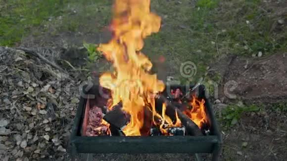 在后院烧烤在明火夏季烧烤明火烟雾和火焰上为烹饪做热煤视频的预览图