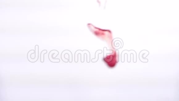 水中滴血的特写一滴红色油漆浸入水中溶解在白色孤立的背景上视频的预览图