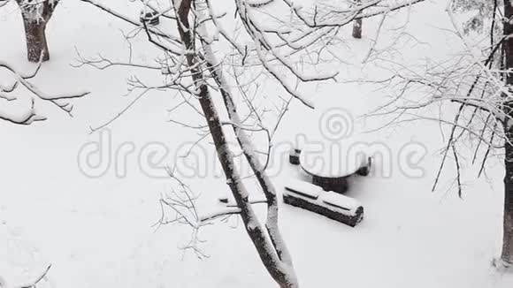 在一个有白雪覆盖的树木的冬季公园里一张降雪下的小木桌视频的预览图